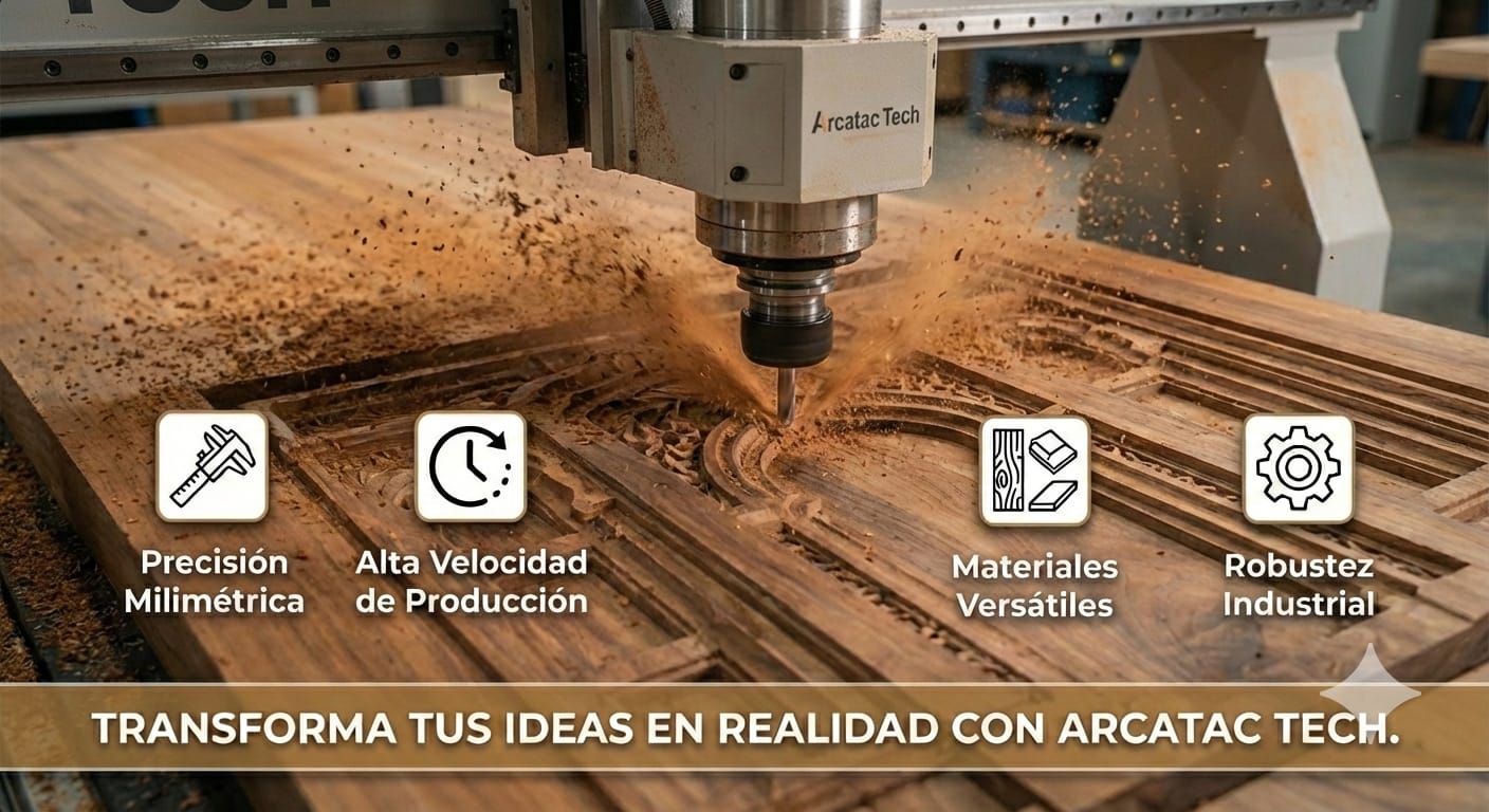 Router CNC industrial Arcatac Tech tallando diseño complejo en madera con alta precisión y velocidad